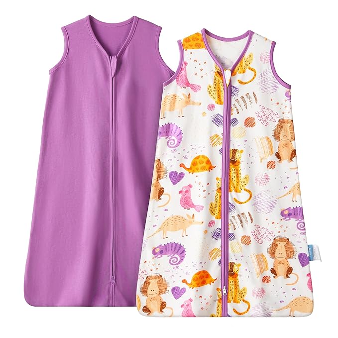 TILLYOU 2 Pack Baby Sleep Sack 12-18 Months 100% Cotton Wearable Blanket 0.5 TOG Sleeveless Summer Sleep Sacks with 2-Way Zipper, Animal Graffiti & Purple
