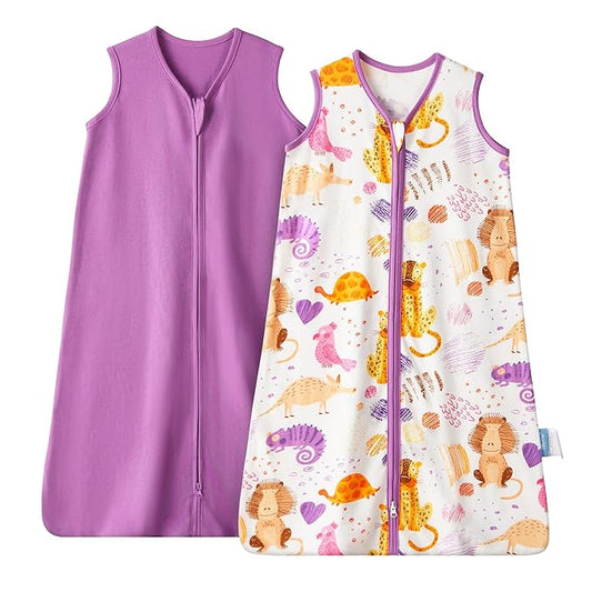 TILLYOU 2 Pack Infant Sleep Sack 0-6 Months 100% Cotton Wearable Blanket 0.5 TOG Sleeveless Summer Sleep Sacks with 2-Way Zipper, Animal Graffiti & Purple