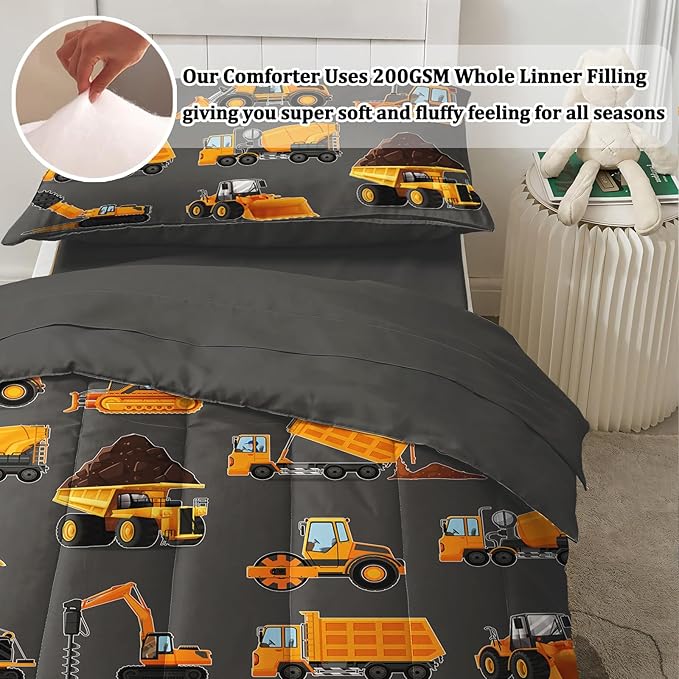 Toddler Bedding Set for Boys - 4-Piece Truck Bedding Comforter Set for Kids, Soft Comfort Construction Vehicle Bedding Includes Flat Sheet, Fitted Sheet, Comforter, Pillowcase