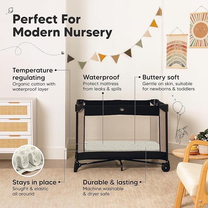 2 Pack and Play Sheets, Waterproof Mini Crib Sheets Fitted - 38x26 Organic Cotton Pack N Play Sheets for Graco Pack and Play Mattress, Playard Baby Crib Sheets,Neutral for Boy,Girl,Toddler(Pine Grove)