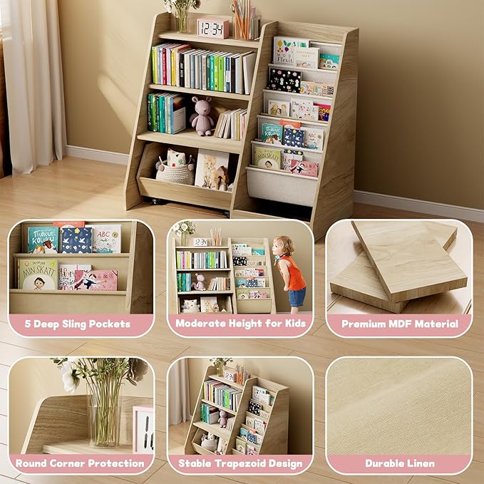 COZPAW Kids Bookshelf and Toy Storage, 4 Tier Toddler Bookshelf with Movable Drawer 5 Sling Pockets, Montessori Book Shelf for Kids Room, Playroom, Nursery (Oak)