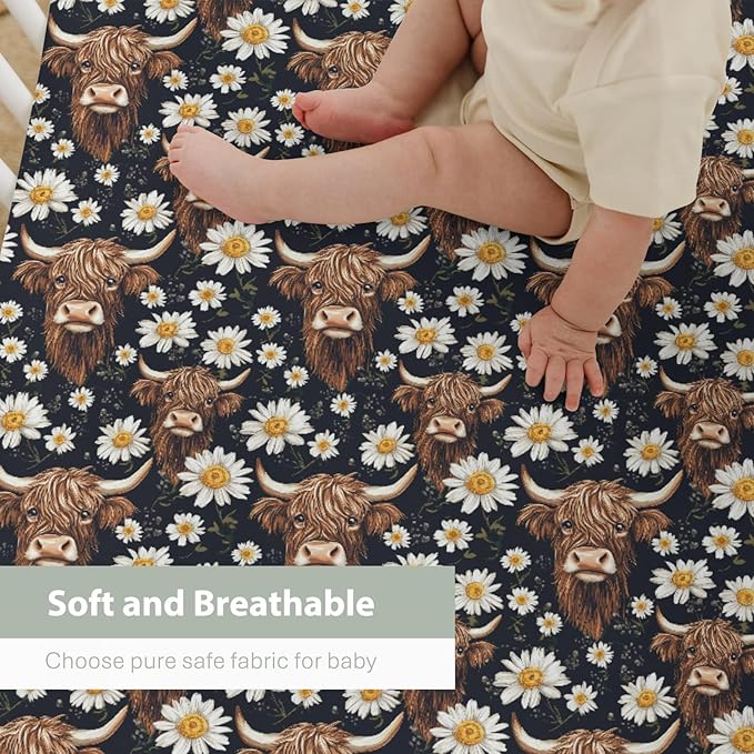 Vintage Highland Cows Daisy Baby Crib Sheets for Boy Girl 52x28Inch Retro Highland Yak Boho Floral Soft Stretchy Fitted Crib Mattress Cover Farm Baby Sheet for Standard Crib and Toddler Bed Mattress