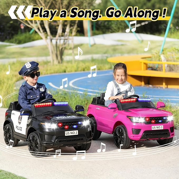 TOBBI Electric Cars for Kids Driving Remote Control Ride on Police Riding Car 4 Wheels Vehicles 12V Battery Cop Truck for Toddlers with Siren, Flashing Lights, Music, Pink