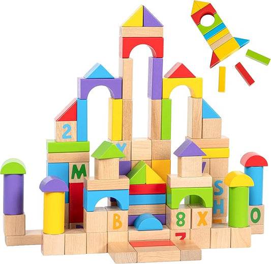 Alphabet Number Wooden Building Blocks Set -100 Blocks in 5 Water Paint Colors and 7 Shapes. Preschool Montessori Kids Baby Toys. Stacking Learning Toys for Toddlers. Age 18 Months +