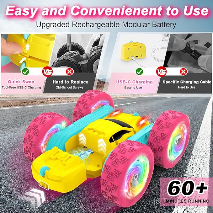 Remote Control Car, RC Cars for Girls, Double-Sided 4WD Stunt Car with RGB Lights & 360° Flips, USB-C Modular Batteries, Toys for Ages 5–7, Birthday Gift for 6+ Year Old Girl, Yellow-Pink