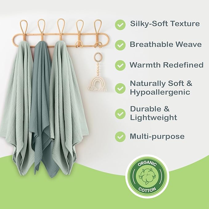 Organic Cotton Muslin Baby Blanket - 47x47 Inch Breathable Swaddle, Hypoallergenic Double-Layer, Versatile Use (Green/Mint Green, 47x47 Inch)