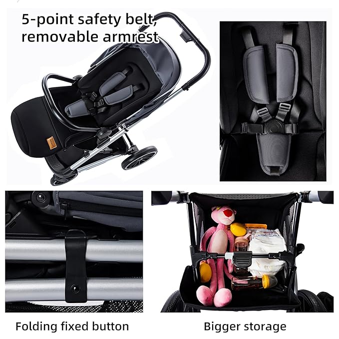 Wagon Pram, Convertible Stroller with Reversible Seat, Foldable Newborn Stroller with Lying Mode, Oversized Wheels Luxury Baby Carriage Suit Toddler Infant,Gray (Green)