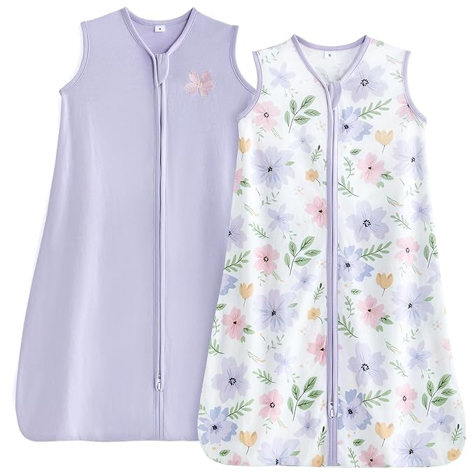 TILLYOU 2 Pack Baby Sleep Sack 12-18 Months 100% Cotton Wearable Blanket 0.5 TOG Sleeveless Summer Sleep Sacks with 2-Way Zipper, Brilliant Little Flowers and Purple