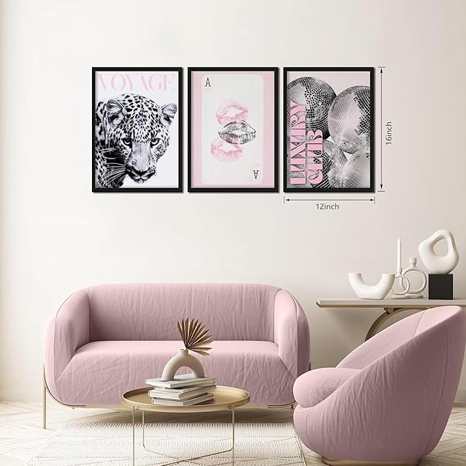 Pink Cheetah Wall Art Set of 3, Y2K Trendy Leopard Canvas Wall Decor Paintings, Preppy Black and White Cheetah Disco Posters Prints Pictures for Girly Room Bedroom Dorm 12x16 Inch Wood Framed