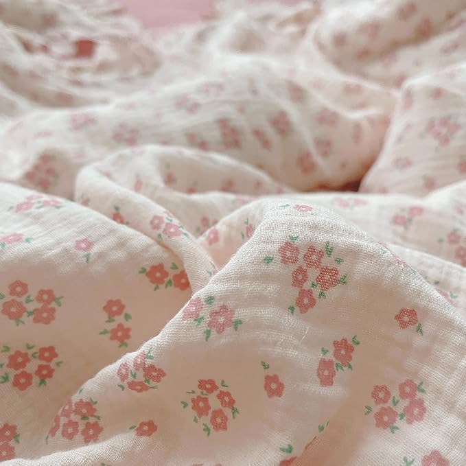 BuLuTu Pink Galsang Flower Print Girls Duvet Cover Twin Size Comforter Cover Gauze Cotton Kids Teens Bedding Vintage Floral Design Quilt Cover with Ruffles, 68"x86", No Pillow Case/Comforter