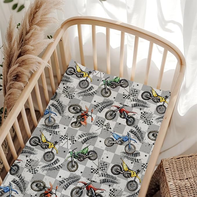 Vintage Motor Bike Checkered Fitted Crib Sheet for Baby Girls Boys 52x28Inch Motorcycle Race Flag Stars Baby Sheet for Standard Crib and Toddler Mattress Racing Vehicles Bed Sheets