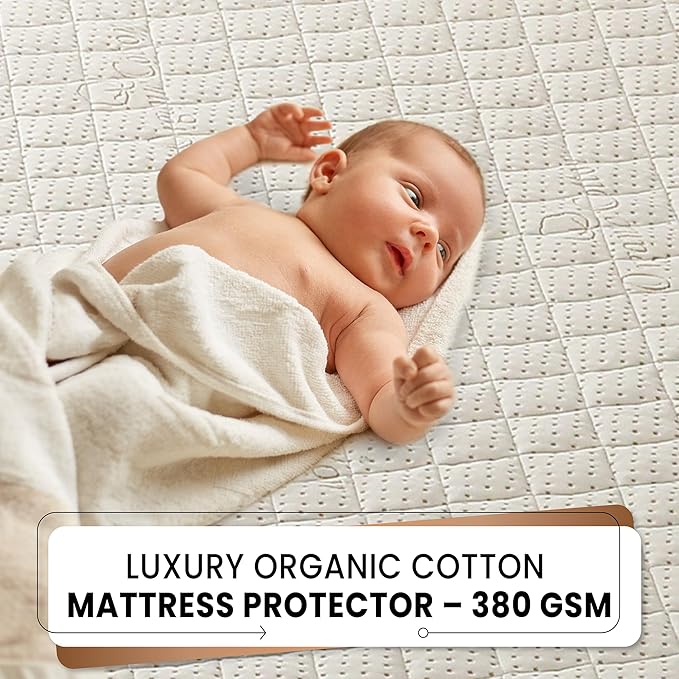 Crib Luxury Quilted Organic Mattress Protector Pad - Certified Organic Cotton, Waterproof Skin-Friendly Breathable Mattress Cover - Premium 380 GSM Comfort - Jersey Cotton Skirt