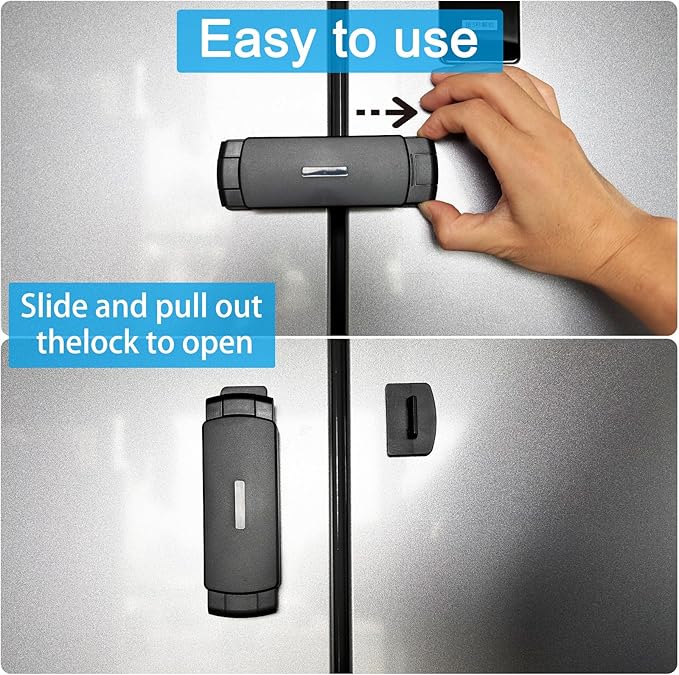 2 Pack Premium Child Safety Lock for French Fridge/Side-by-Side Refrigerator/Double Door Freezer or Cabinet, Adjustable Width & Easy to Install (Black)
