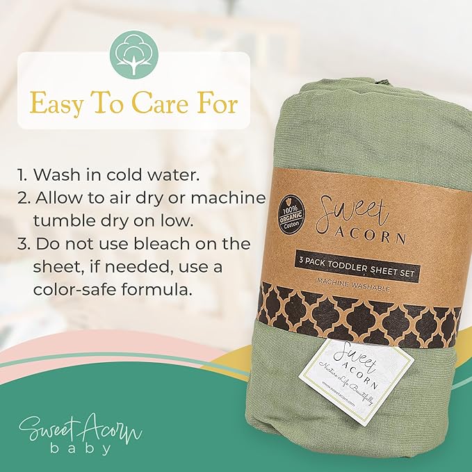 3 Piece Toddler Bedding Sets - Organic Cotton Jersey Knit - Fits Convertible Cribs and Mattresses - 9" x 28" x 52" - Juniper Green