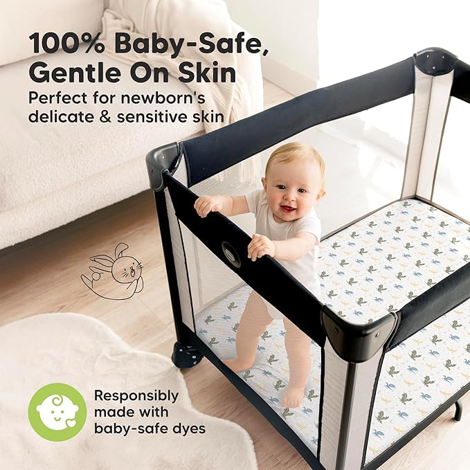 Pack and Play Sheets Fitted - 2-Pack Mini Crib Sheets for Pack N Play Mattress 38x26, Soft & Cozy, Neutral Toddler Playard Bedding, Snug Fitted Mini Baby Crib Mattress Cover Boy, Girl (Dragon Tale)