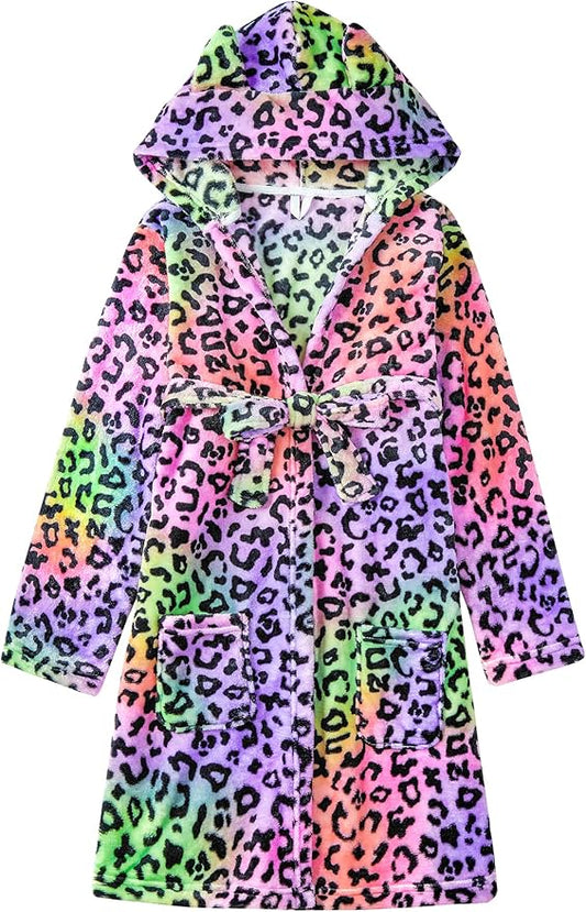 Topgal Leopard Cat Robe for Girls Fleece Toddler Kids Teen Hooded Bathrobe Size 4T-18