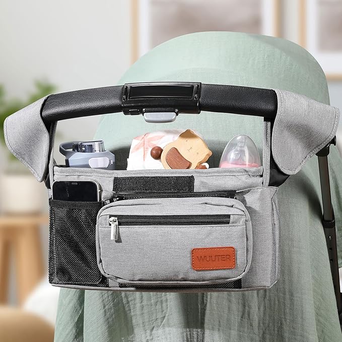 WUUTER Stroller Organizer with Cup Holder Detachable Wristlet Large Capacity Baby Stroller Bag for Mom, Fits Uppababy, Baby Jogger, Britax, BOB, More (Grey)