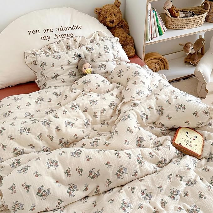 BuLuTu Muslin Floral Duvet Cover for Toddler Girls, Chic Shabby Aesthetic Kids Duvet Covers with Ruffles, All Seasons Gauze Cotton Toddler Bed Comforter Cover with Zipper, 47"x59", No Pillowcases