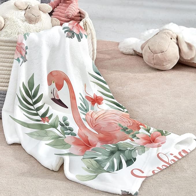 Custom Baby Crib Bedding Set, Personalized Name Flamingo Design Crib Set 3 Pcs, Soft Double Layer Blanket, Crib Sheet & Room Rug, Ideal Nursery Decor Gift for Baby Girls Boys