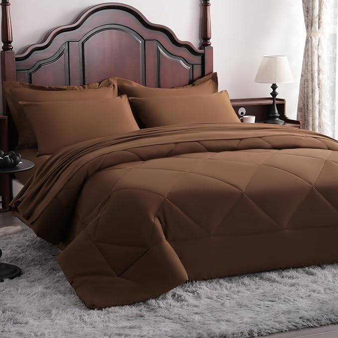 NTBAY Queen Comforter Set with Sheets, 7 Pieces Soft and Breathable Queen Bedding Set, Bed in a Bag, Down Alternative Comforter Set Solid Color All Season, Queen Bedding Set, Brown
