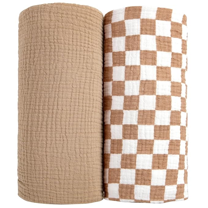 lulumoon Muslin Swaddle Blankets for Baby: Soft Cotton Newborn Receiving Blankets - Plaid Print Nursery Gift Set for Baby Girls(Mocha Plaid)