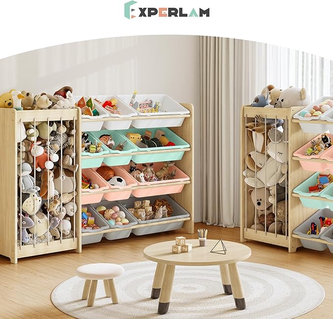 EXPERLAM Kids Toy Storage Organizer, 2-in-1 Stuffed Animal Storage & Toy Organizer w/12 Bins, Solid Wood Toy Rack Featuring Thicker Elastic Ropes to Hold Toys, Playroom Nursery Bedroom Storage, Multi