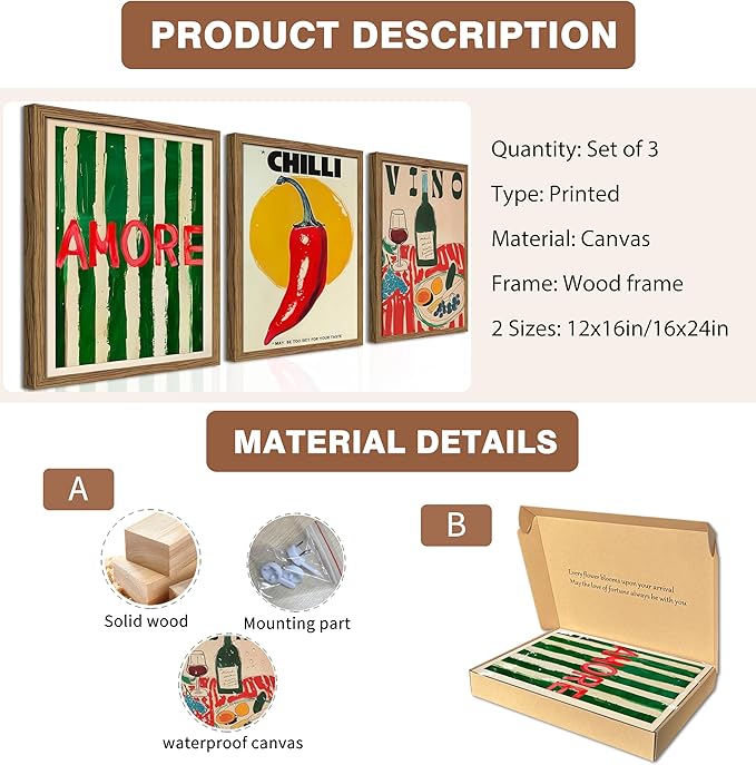 Framed Kitchen Wall Art Set of 3, Abstract Table Food Kitchen Wall Decor, Chilli Pictures Prints Artwork, Vintage Dining Room Canvas Painting, Modern Kitchen Home Decoration – 12x16 inch