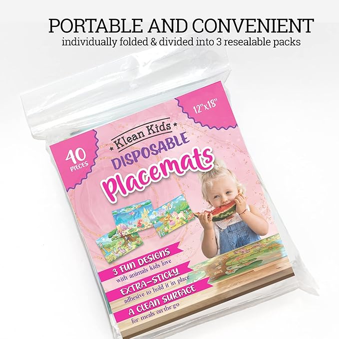 Disposable Placemats for Baby - Girls Designs Toddler Placemat That Sticks to Tables at Restaurants - (Assorted 40 Pack with 3 Designs)