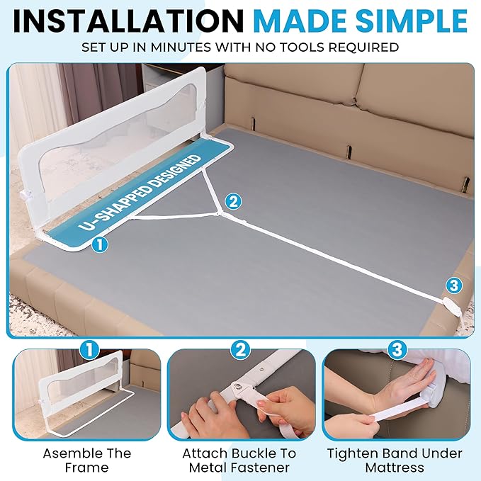 TotCraft FlexGuard Adjustable Length & Height Bed Rail for Toddlers – Fits Twin, Full, Queen & King Beds – 35.5″ or 59″ Two Fixed Lengths – 14 Height Levels – ASTM Certified Kids Safety Guard (White)