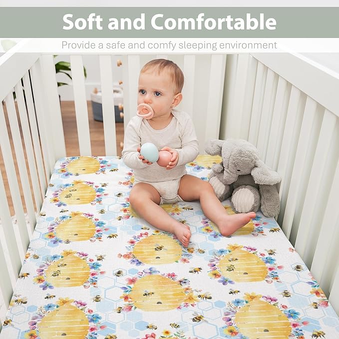 Bee Harmony Baby Crib Sheets for Boy Girl 52"x28" Yellow Bees Honeycomb Flowers Garden Soft Stretchy Fitted Crib Mattress Cover Spring Summer Baby Sheet for Standard Crib & Toddler Bed Mattress