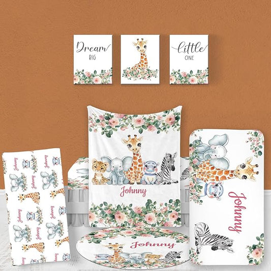 Custom Nursery Crib Bedding Set: Personalized Nursery Decor Baby Blanket Fitted Crib Sheet Changing Pad Cover Baby Room Rug Safari Animals Giraffe Pattern Gift Idea(Fixed Size)