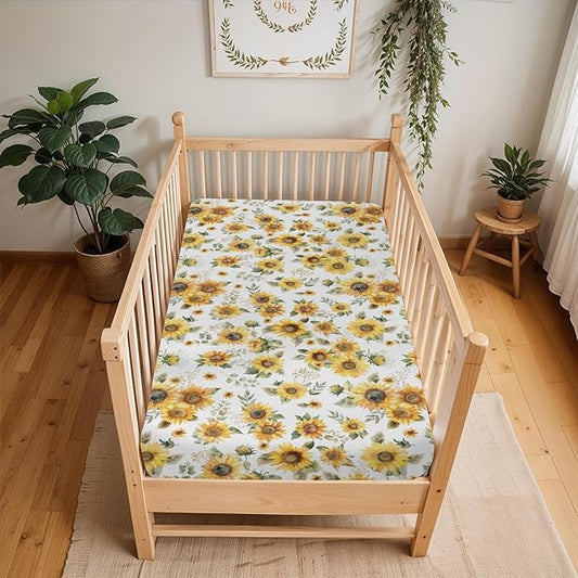 Yellow Sunflower Floral Baby Crib Sheets for Boy Girl 52"x28" Boho Sunflowers Leaves Soft Snug Fitted Crib Mattress Cover Summer Spring Garden Baby Sheet for Standard Crib and Toddler Bed Mattresses