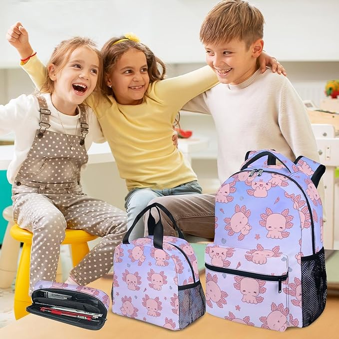 COZYAURA Backpacks for Girls - 3Pcs Cute Bookbag for Kids - Axolotl School Bag for Girls - Kids Backpacks with Lunch Box Pencil Case Set