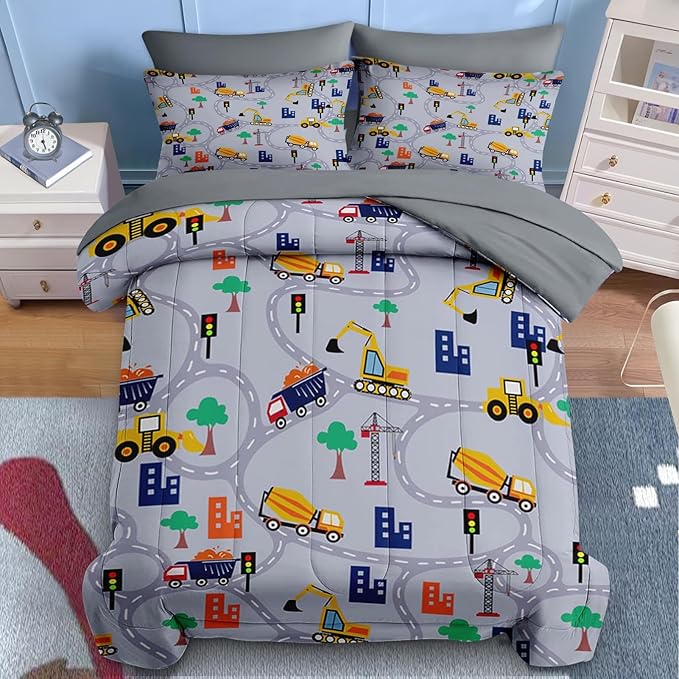 Nesker 4 Pcs Comforter Set Toddler Size, Construction Vehicles Car Bedding for Kids Teen, Town Tree Truck Bedding Set with Pillowcase & Sham