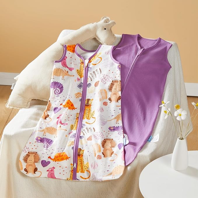 TILLYOU 2 Pack Infant Sleep Sack 0-6 Months 100% Cotton Wearable Blanket 0.5 TOG Sleeveless Summer Sleep Sacks with 2-Way Zipper, Animal Graffiti & Purple