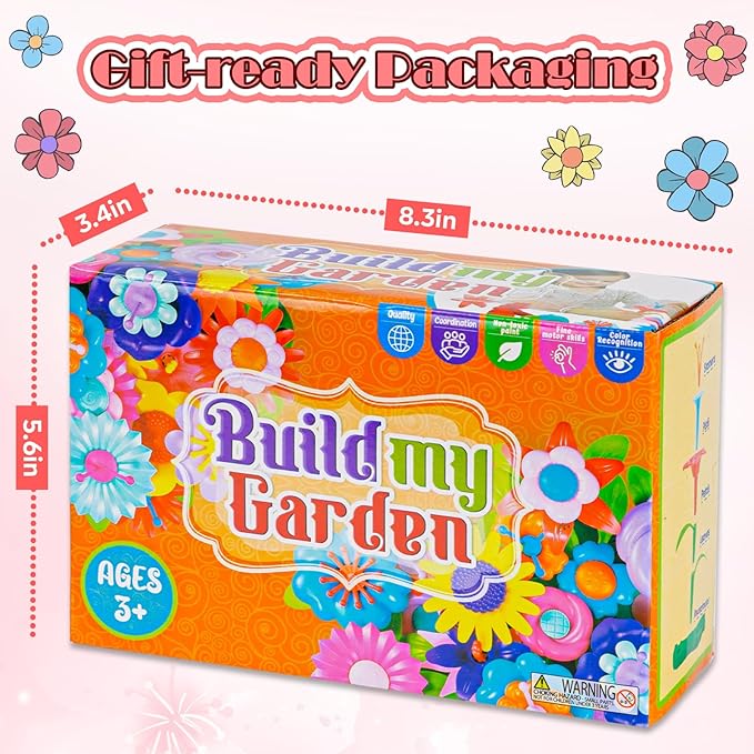 FUNZBO Flower Garden Building Toys Set - Christmas Birthday Gifts for Age 2 3 4 5 6 Years Old Girls, STEM Montessori Educational Toy for Toddler Kids, Sorting & Stacking Spring Gardening Set
