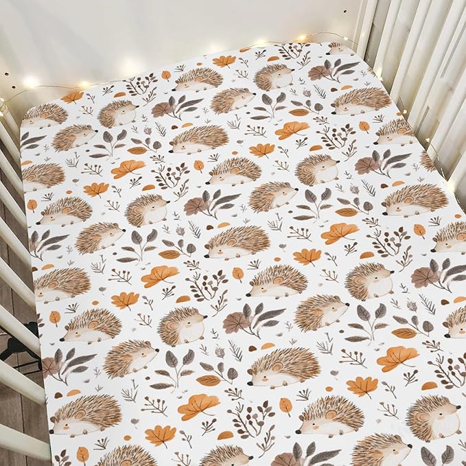 Watercolor Hedgehog Leaves Baby Crib Sheets for Boy Girl 52x28Inch Cute Hedgehogs Soft Stretchy Fitted Crib Mattress Cover Animals Baby Sheet for Standard Crib and Toddler Mattresses