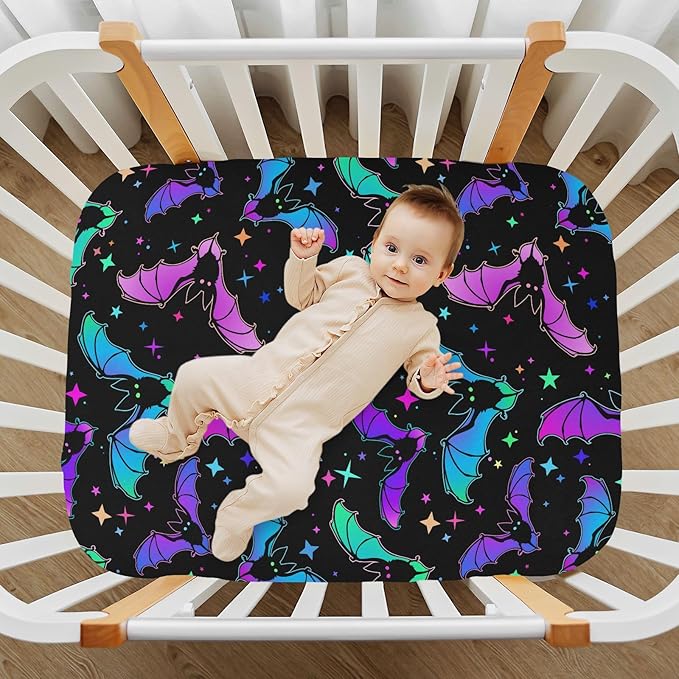 Halloween Bats Stars Crib Sheets Soft Breathable Fitted Baby Playard Sheets Mattress Cover for Girl Boys, 39" x 27" x 5"