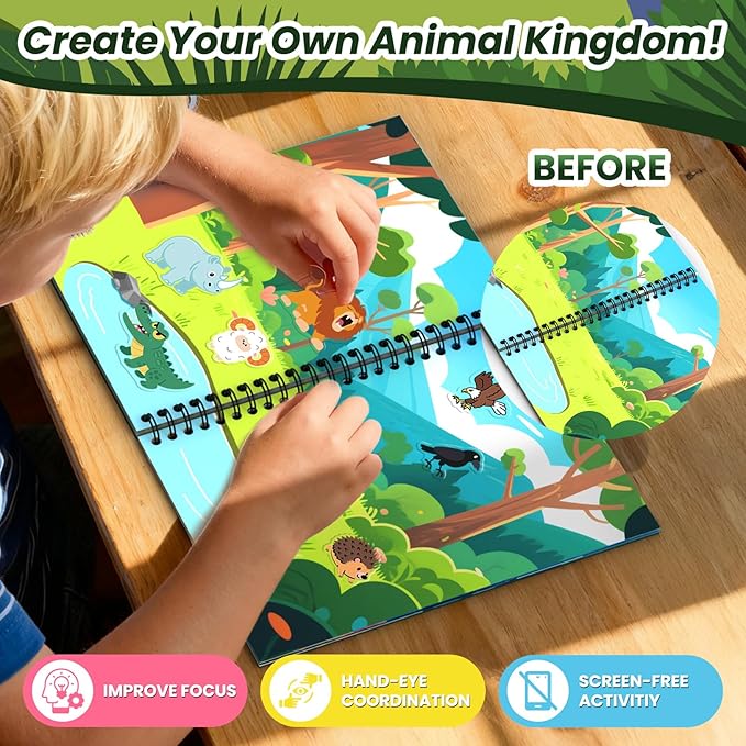 Animals Reusable Sticker Book for Toddlers, DIY Make-a-face Animals Fun Jelly Stickers, Washable Puffy Stickers for Kids Toys, Airplane Road Trip Travel Activities Essentials for Kids 3 4 5 Years