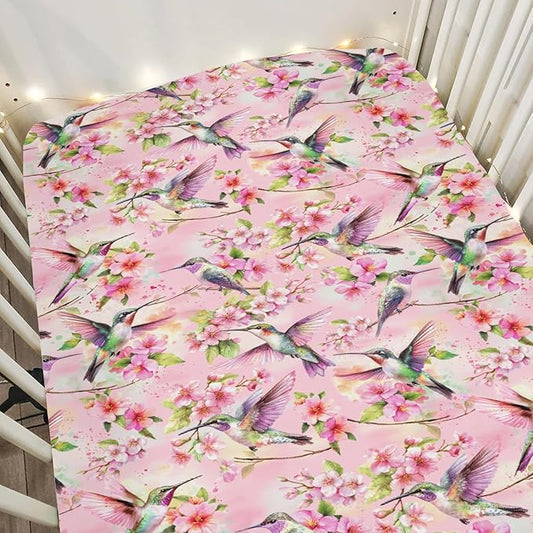 Hummingbird Pink Floral Baby Crib Sheets for Boy Girl 52x28Inch Spring Birds Blossoms Soft Stretchy Fitted Crib Mattress Cover Forest Animals Nursery Baby Sheet for Standard Crib & Toddler Mattress