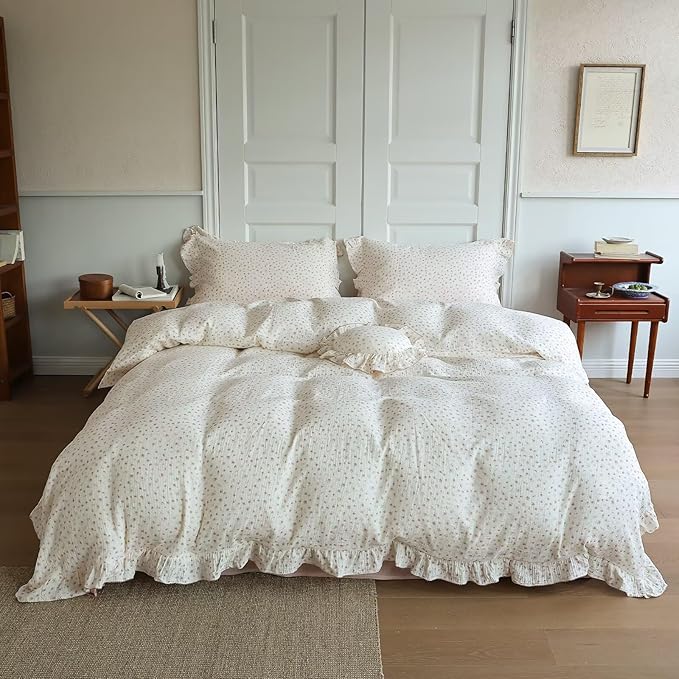 BuLuTu Princess Ruffled Muslin Duvet Cover for King Bed, 100% Cotton Bedding Soft Lightweight Quilt Cover with Zipper, Chic Shabby Pink Floral Print Comforter Cover 90"x104", No Pillow