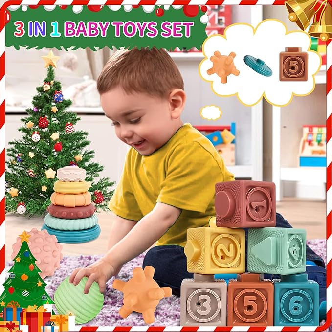 Montessori Toys for Babies, 3 in 1 Baby Toys 6 to 12 Months - Stacking Blocks & Sensory Balls & Soft Teething Rings, Newborn Learning Toys Activity Gifts for Toddlers 3-6-9-12 Months, 18PCS