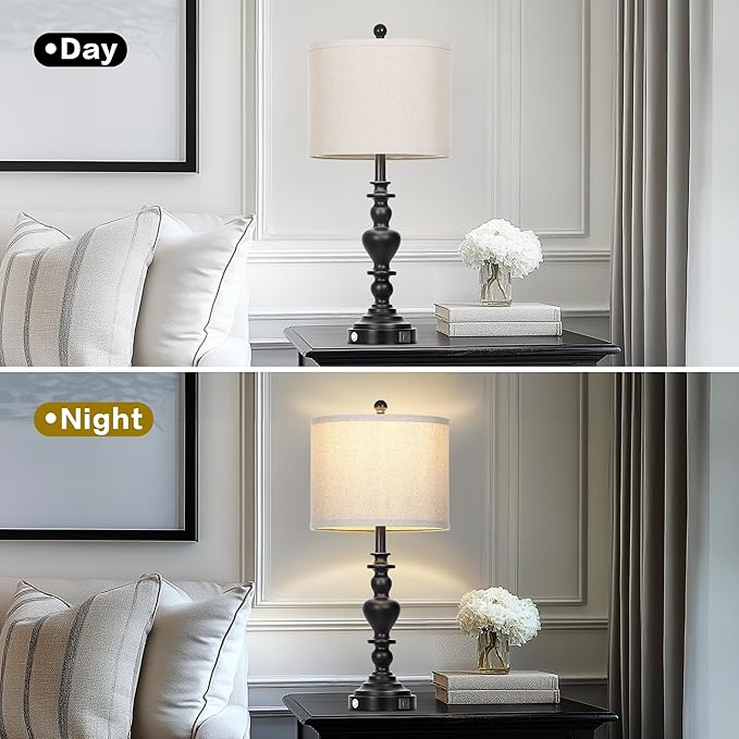 luxeflow Farmhouse Table Lamps Set of 2, 27" Black Vintage Bedside Lamps with USB A+C Charging Ports, 3-Way Dimmable Touch Control Rustic Nightstand Lamp for Living Room Office(Bulbs Included)