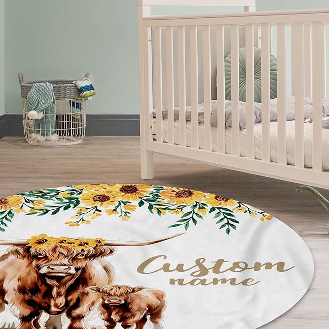 Personalized Baby Crib Bedding Set: 4 Piece Custom Yellow Highland Cattle Crib Bed Set with Name, Nursery Bedding Set for Baby Girls, Newborn Boys Crib Sets, Crib Bedding Custom Gift, Crib Sheet