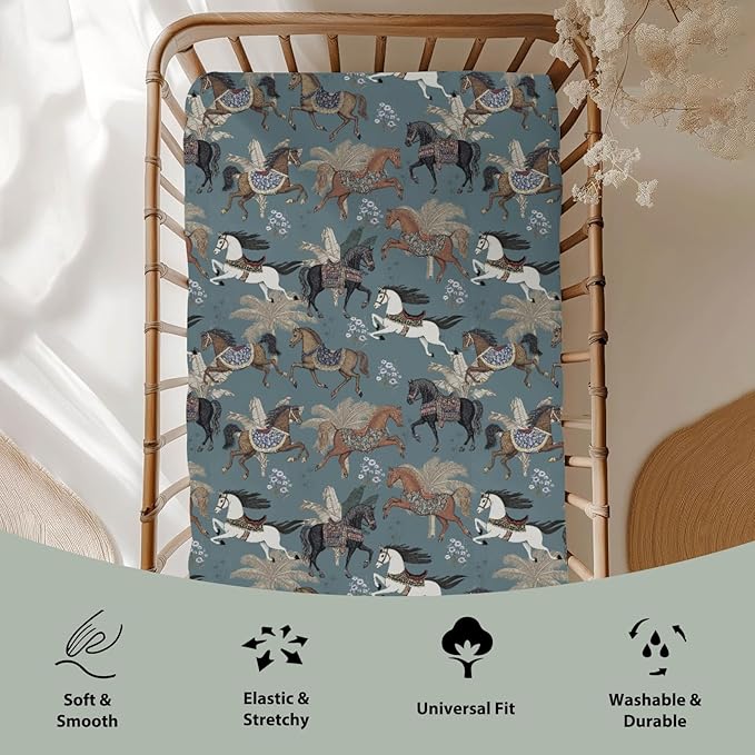Vintage Horses Baby Crib Sheets for Boy Girl 52x28Inch Retro Arabian Horses Palm Trees Soft Stretchy Fitted Crib Mattress Covers Horse Lovers Baby Sheet Fits Crib and Toddler Bed Mattresses Blue