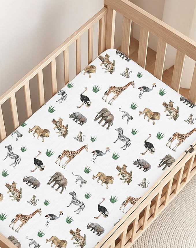 Pack and Play Sheets 2 Pack, Fitted Jersey Knit Mini Crib Sheets for Baby Boys and Girls, Compatible with Graco Pack N Play and Mini Crib Mattress (Jungle Journey, Pack N Play/Mini Crib Sheets)