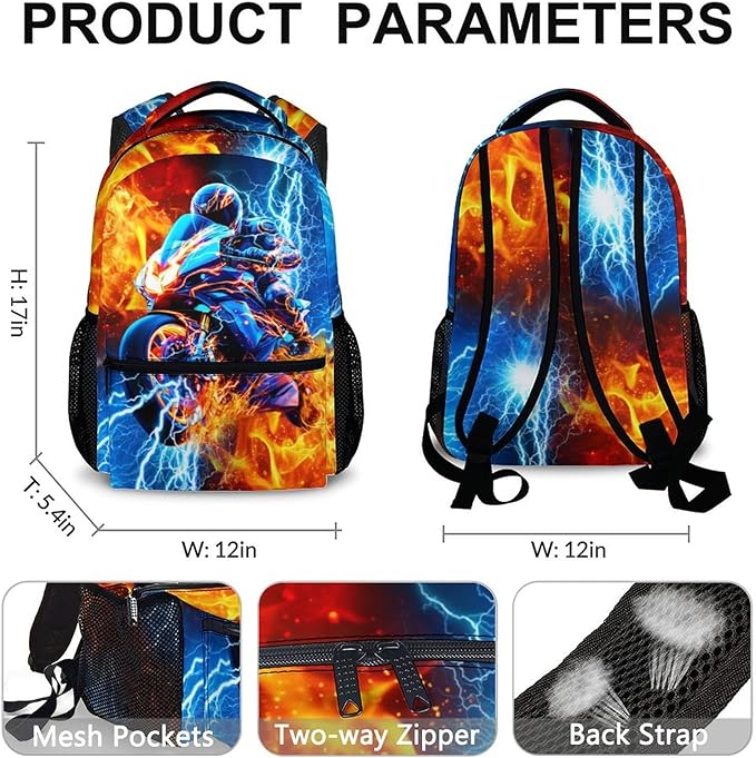 CustomWish Backpack for Boys, Motorcycle Backpack for Kids Teens, Durable School Supplies for Kindergarten Primary Middle Senior, 17 Inch Cool Car Bookbag for School Travel Work