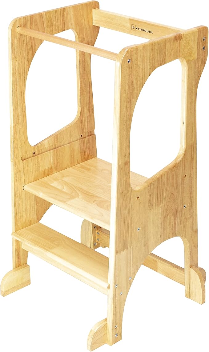KATANABANA Kids Kitchen Step Stool Helper Made from Hardwood - Montessori Standing Tower for Learning (Natural)