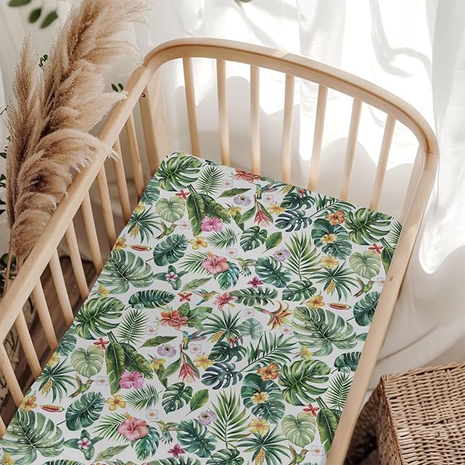 Tropical Flower Leaves Hummingbirds Baby Crib Sheets for Boy Girl 52"x28" Greenery Tropical Jungle Soft Snug Fitted Crib Mattress Cover Boho Summer Baby Sheet for Standard Crib & Toddler Bed Mattress