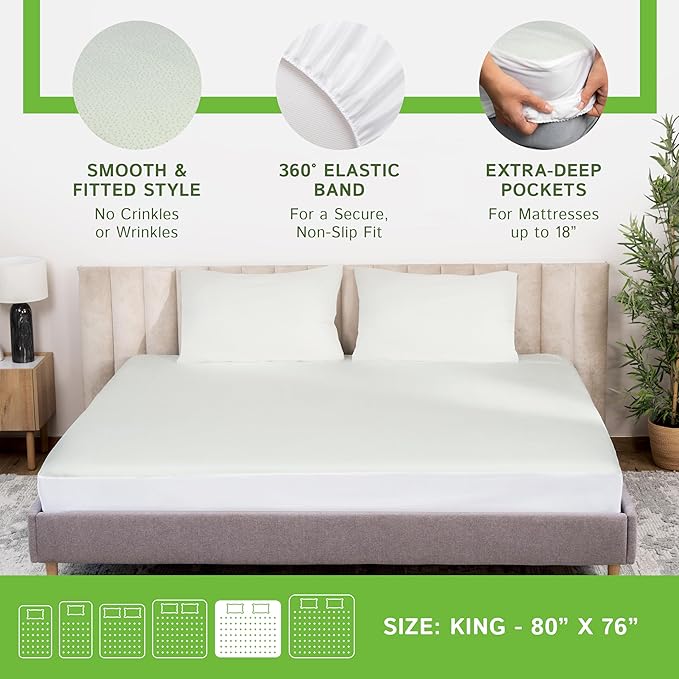 Four Seasons Essentials King Size Waterproof Mattress Protector - Cooling Viscose derived from Bamboo Fitted Sheet Mattress Cover - Quilted Jacquard Pad Protects from Dust Allergens